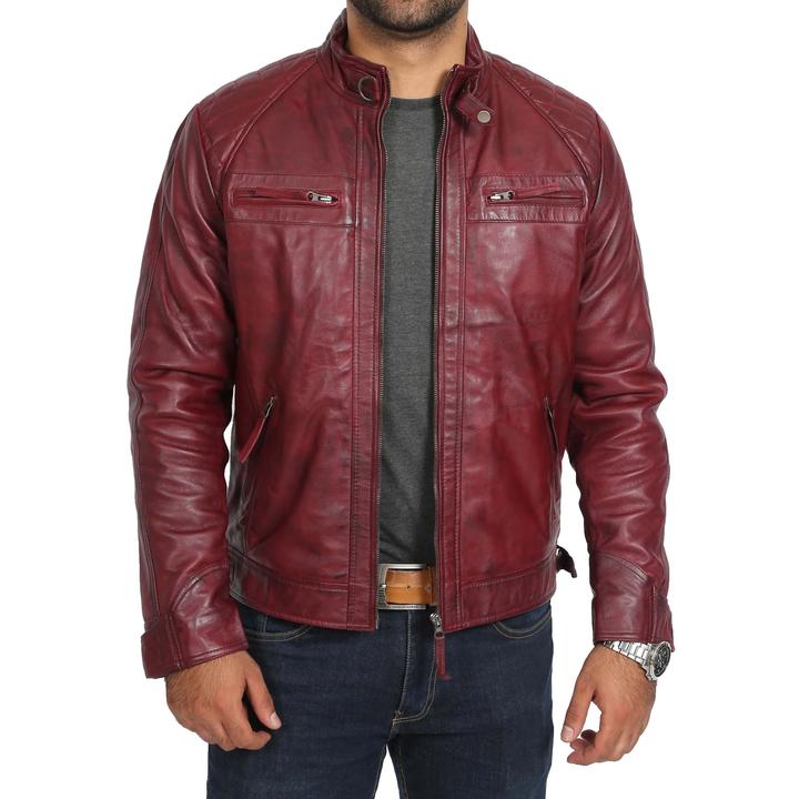 Mens Biker Leather Jacket Standing Collar Bowie Burgundy SI-155