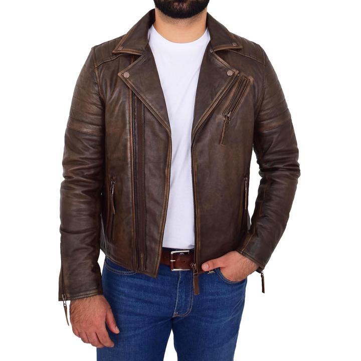 Mens Biker Leather Jacket Dual Zip Hook Brown Vintage SI-158 - Image 2