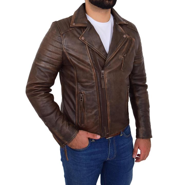 Mens Biker Leather Jacket Dual Zip Hook Brown Vintage SI-158 - Image 6