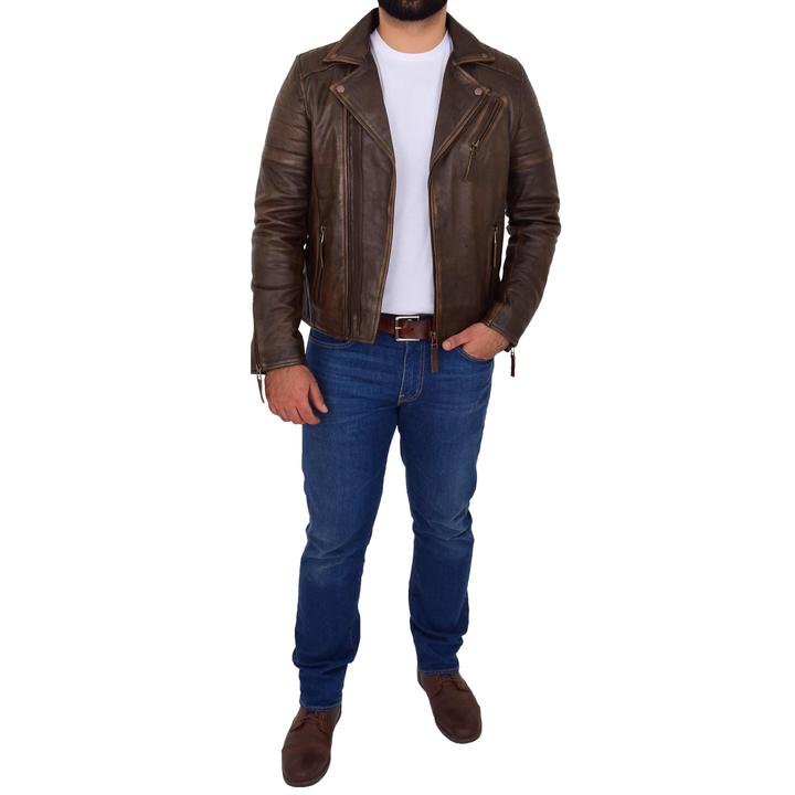 Mens Biker Leather Jacket Dual Zip Hook Brown Vintage SI-158 - Image 7