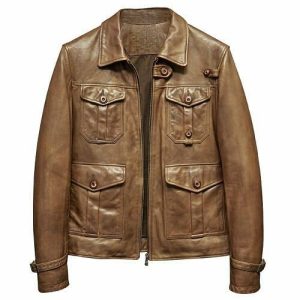 BROWN BIKER FOUR POCKET SHEEPSKIN LEATHER JACKET SI-174