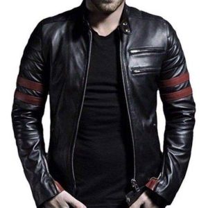 Alternative view of MEN BLACK BIKER LEATHER JACKET WITH RED STRIPES SI-168