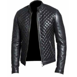 QUILTED BLACK BIKER LEATHER JACKET SALE SI-169