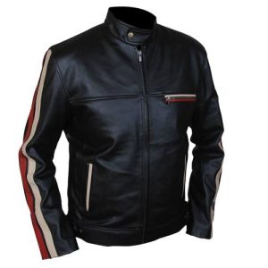 RED AND WHITE STRIPE BLACK LEATHER JACKET SI-178