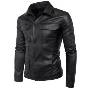 Black Cowhide Men Collared Leather Jacket SI-131