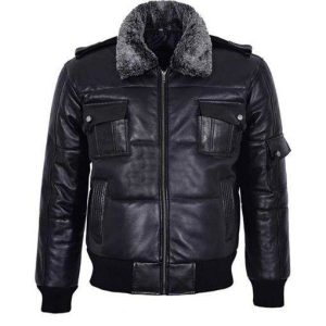 BLACK BOMBER FUR COLLARED LEATHER JACKET SI-220