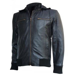 Men Bomber Black Leather Jacket with Hood SI-203