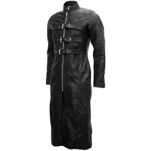 Long Belted Black Men's Leather Trench Coat SI-313