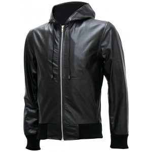 Alternative view of Exclusive Men's Black Bomber Leather Jacket with Hoodie SI-202